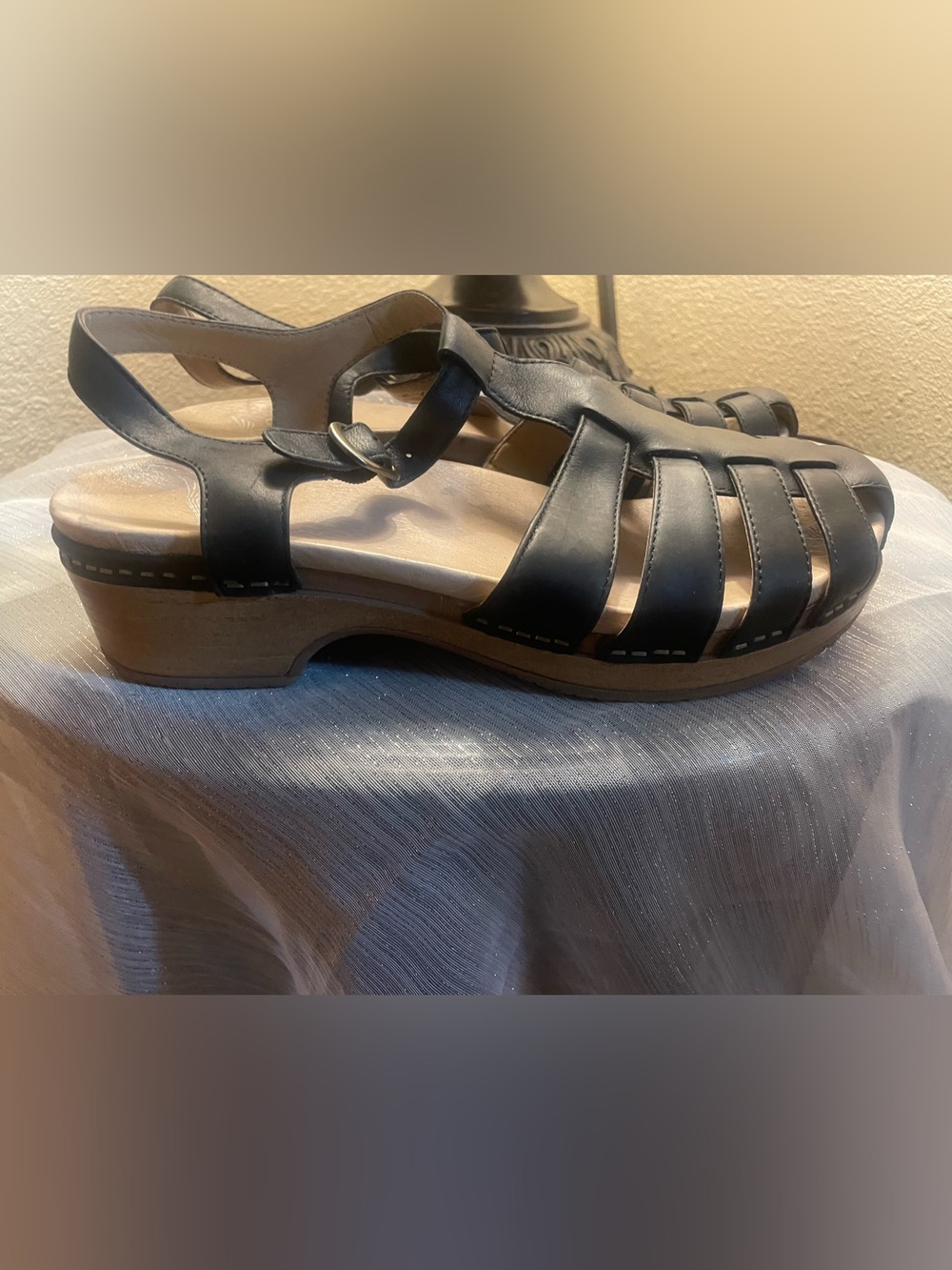 Dansko Black Leather Fisherman Sandals with Wood-Effect Sole